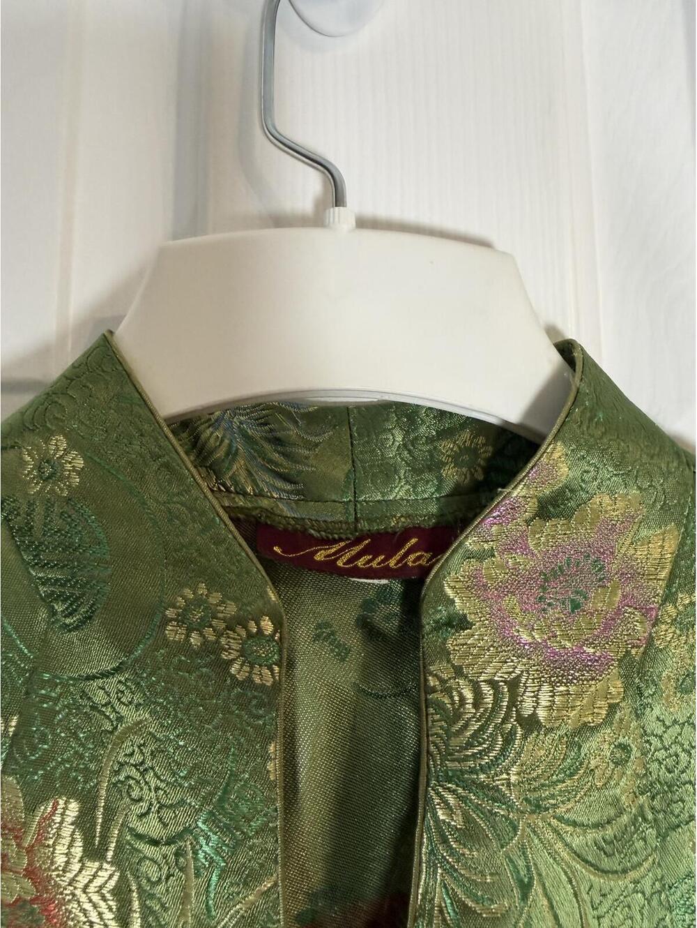 Green Silk Brocade Cheongsam Top Floral Qipao Blouse Frog Closures SM - Picture 3 of 3